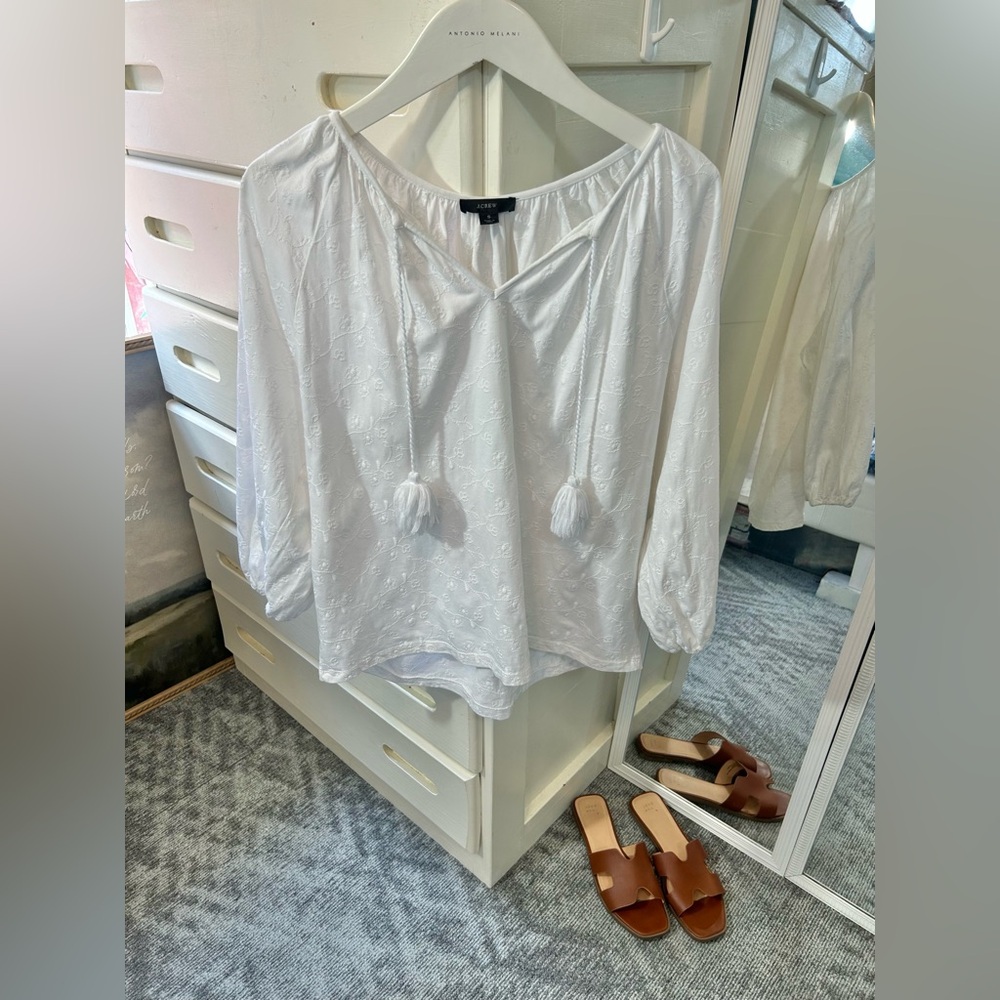 J. Crew White Embroidered Coastal Peasant Top w Tassel Ties 100% Cotton Blouse✨